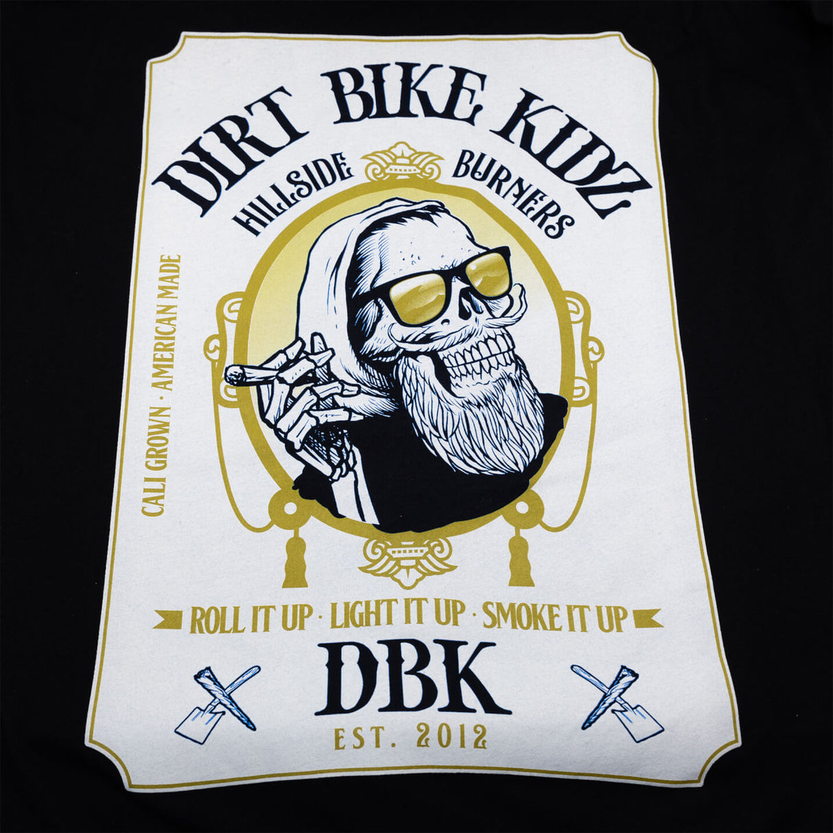Graphic print on black tall tee: skull with sunglasses in a crest design.
