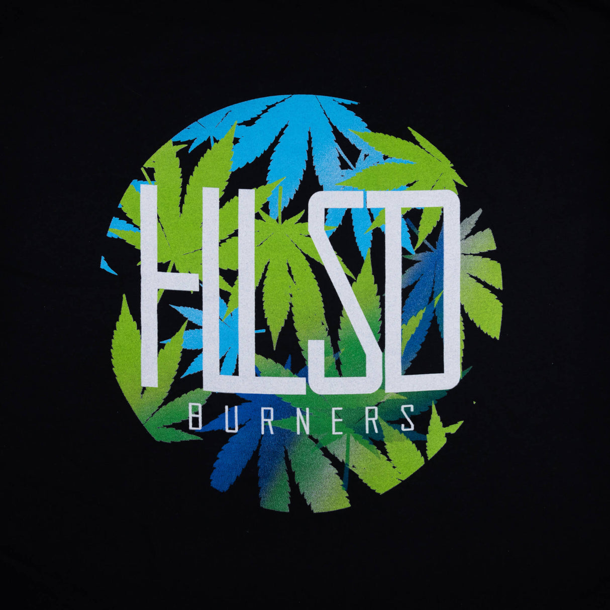 Black T-shirt closeup of colorful HILSD BURNERS logo over leaf graphics