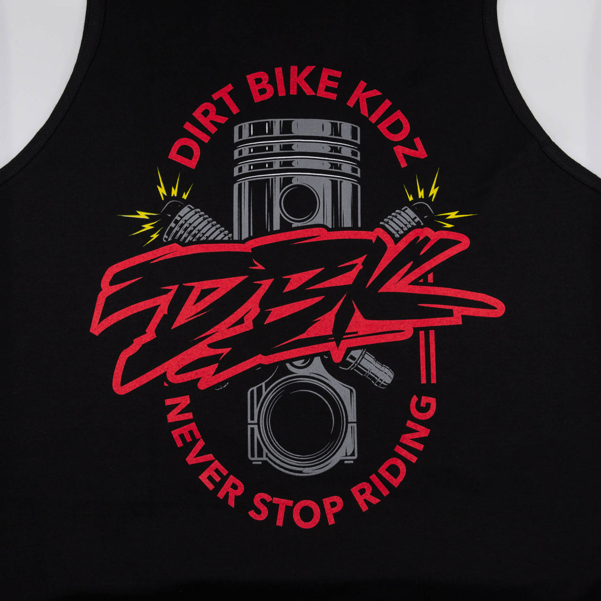 Kids black tank top close-up of Dirt Bike Kidz graphic with red and yellow accents