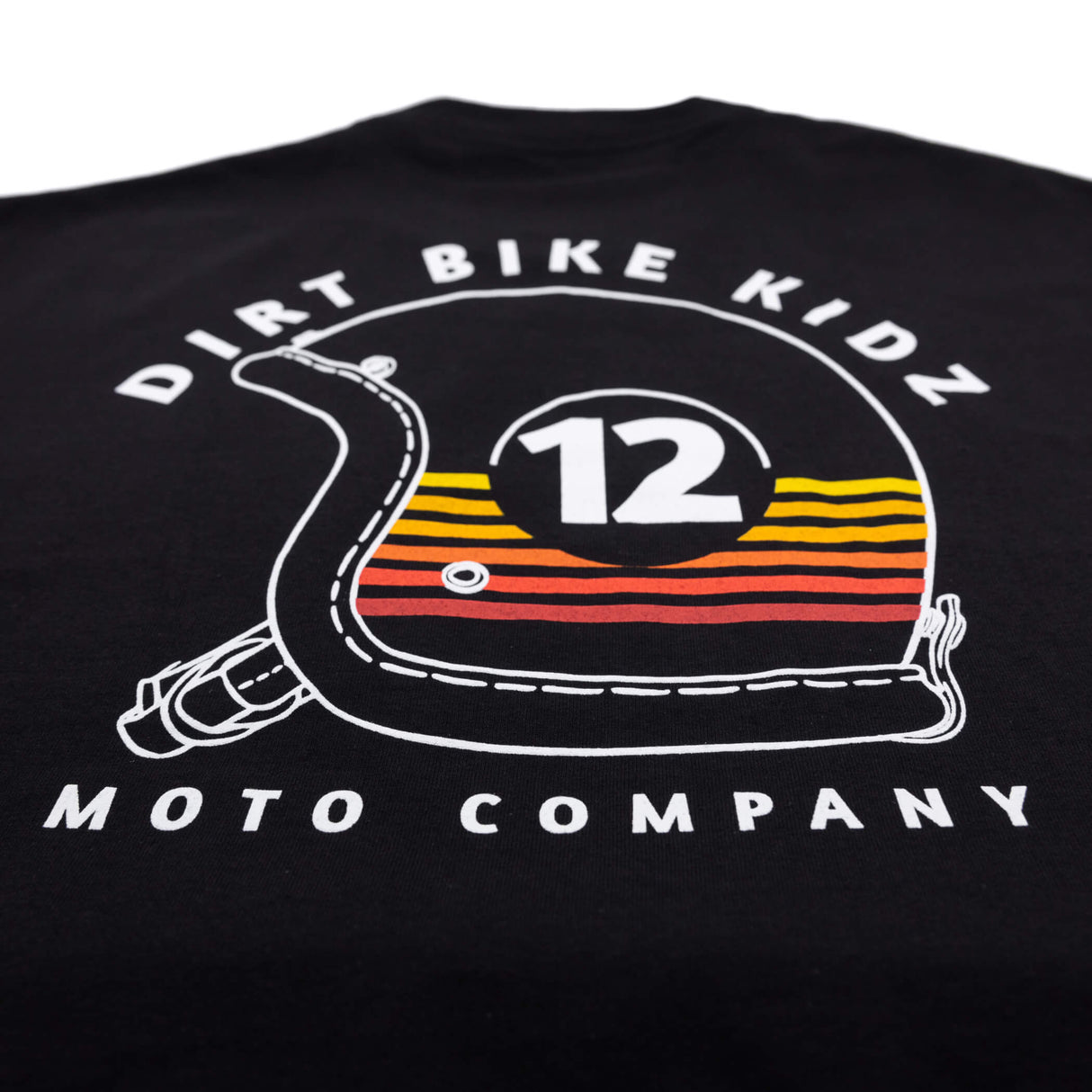 Youth black T-shirt close-up of Dirt Bike Kidz 12 helmet graphic and Moto Company text