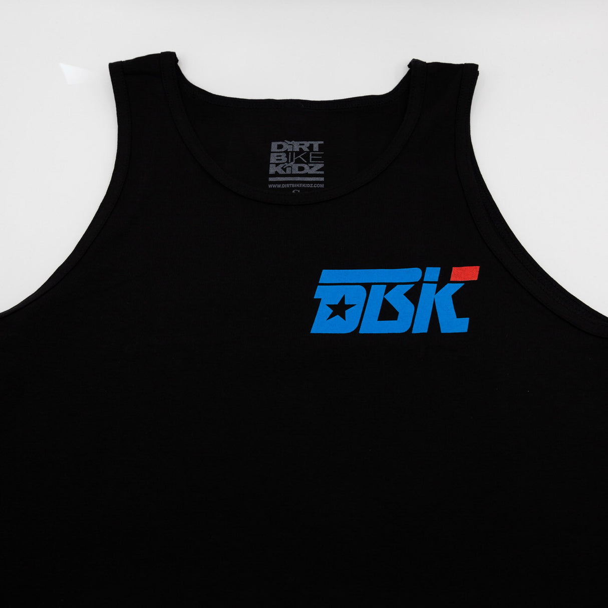 Black tank top front close-up with DBK logo at chest.