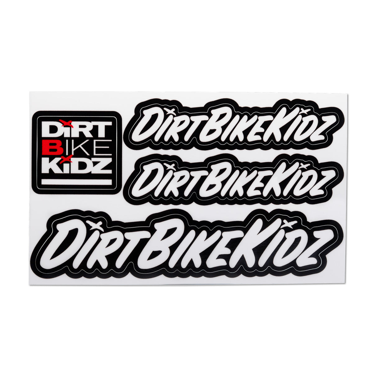Sticker pack of Dirt Bike Kidz logo decals in black/red script on white backing.