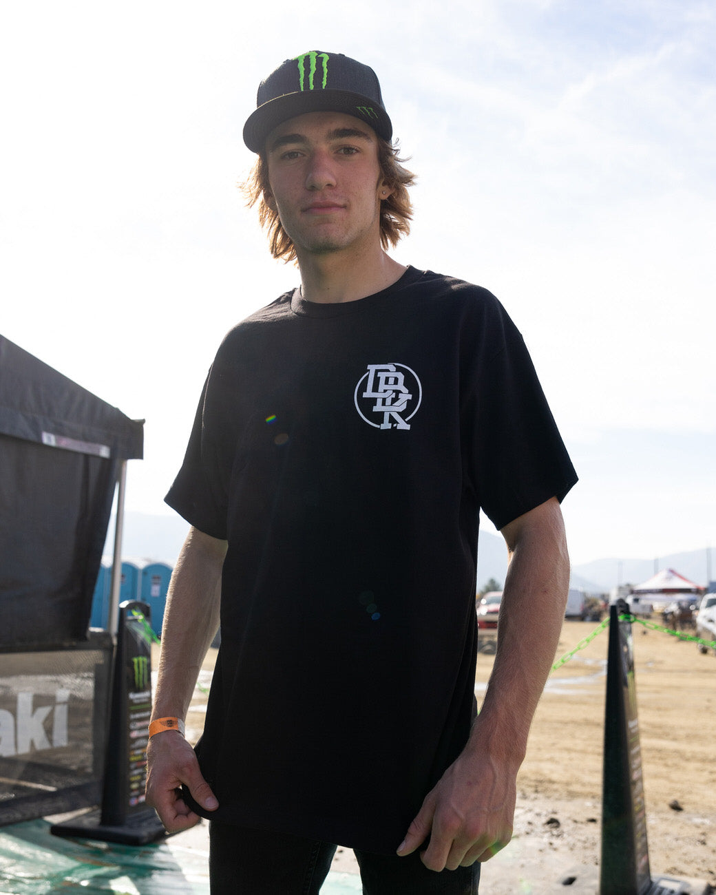 Black Hot Rod graphic T-shirt with chest emblem worn by model