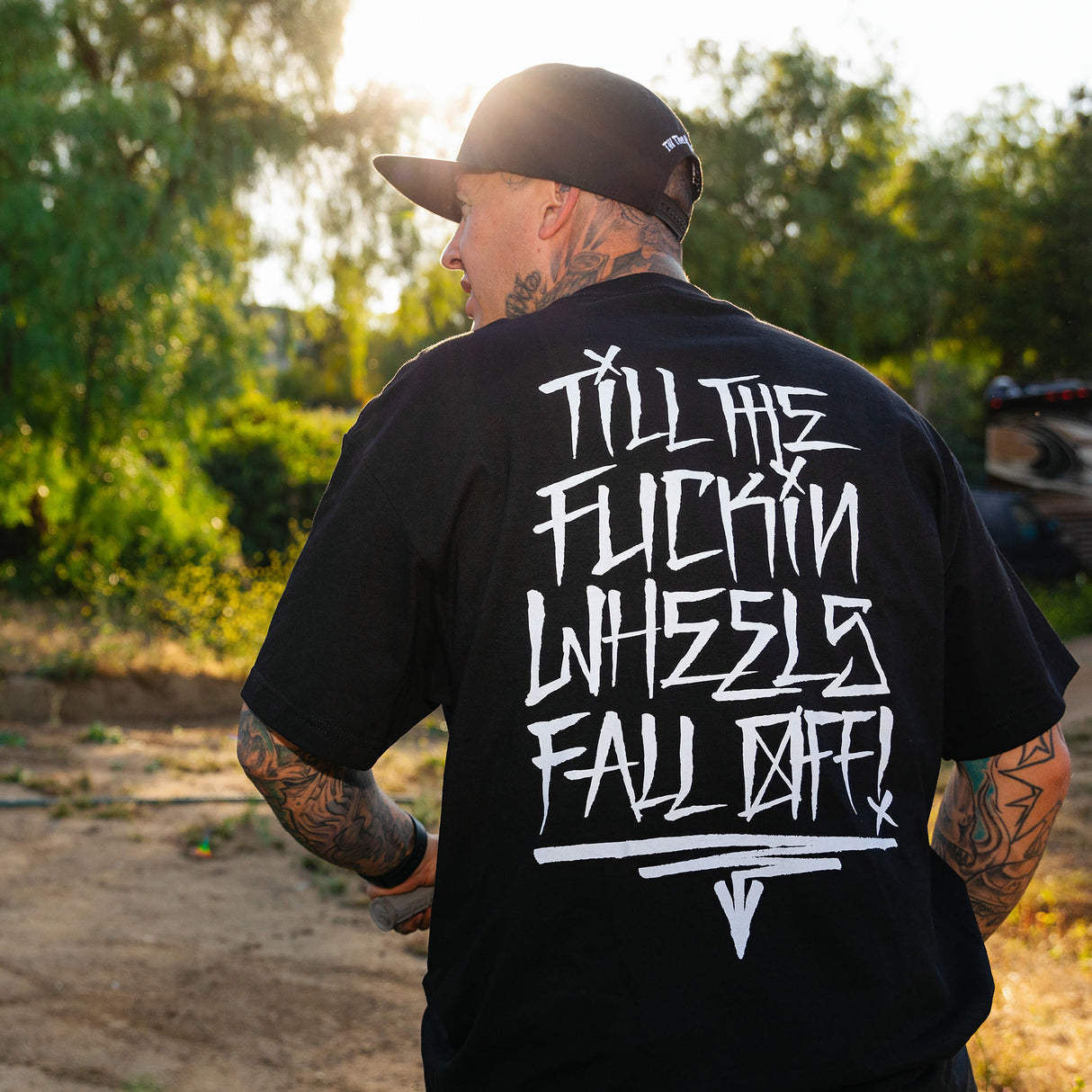 Black FU Tee with large back graphic text print, crew neck short sleeves.