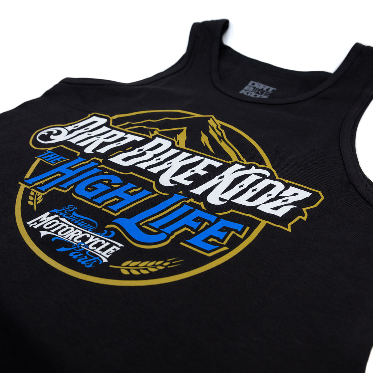 Black tank top with close-up 'High Life' dirt bike graphic print