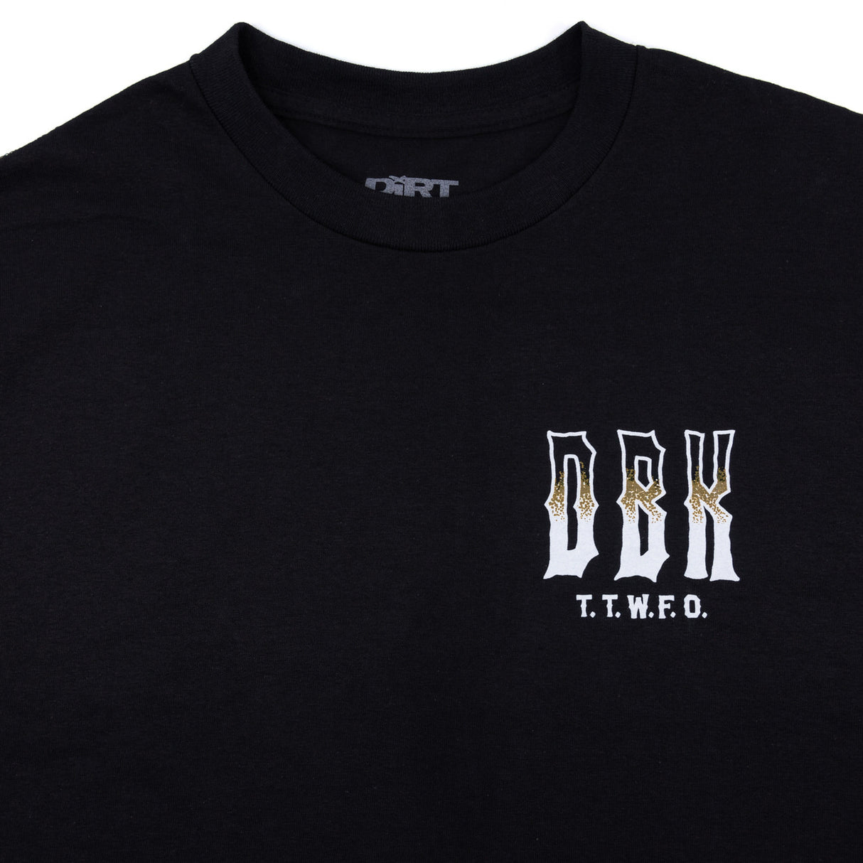 Black T-shirt close-up of neckline and small chest logo text