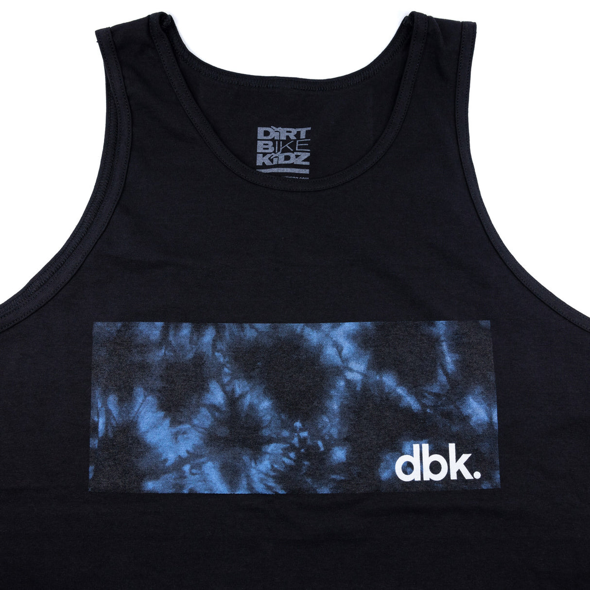 Black tank top with blue tie-dye print band and Dirt Bike Kindz label at neckline