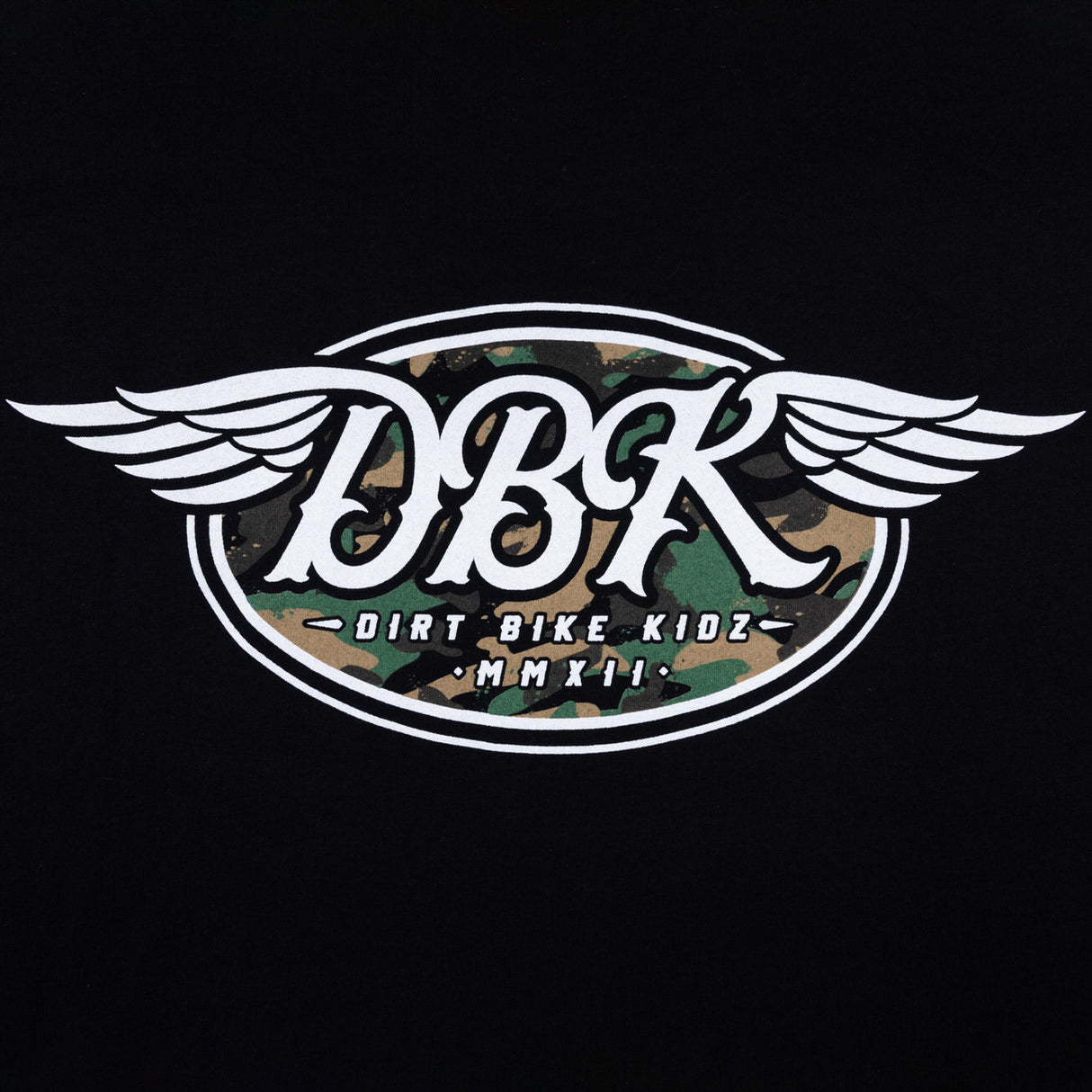 Black tall tee with winged DBK emblem featuring camo-style center graphic