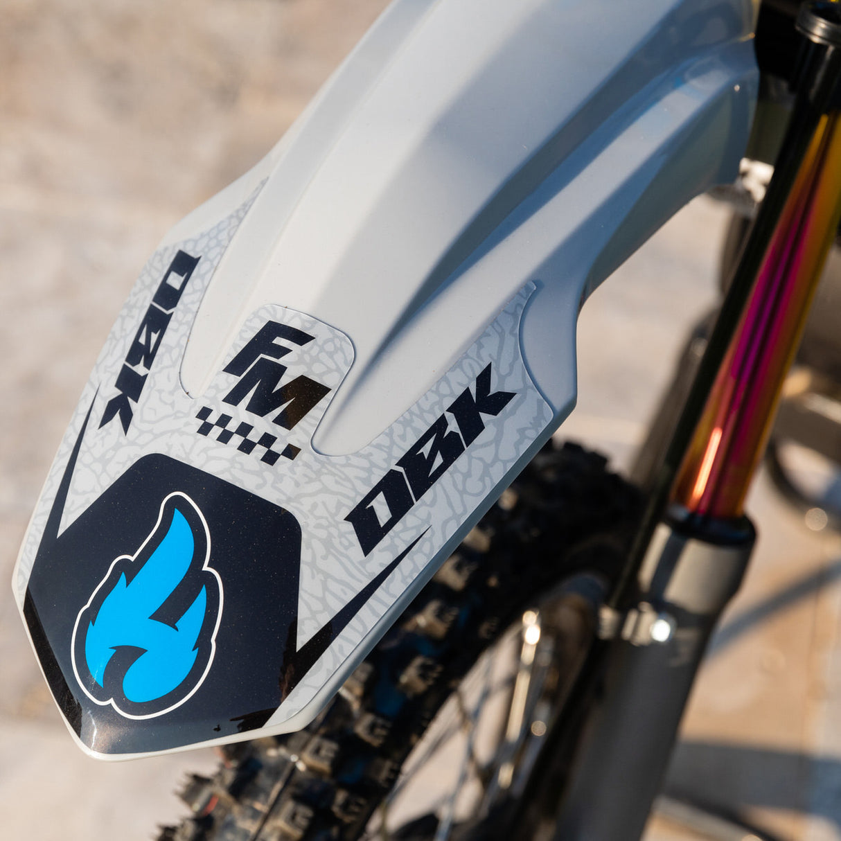 Motorcycle front fender with light gray and blue panels and blue flame decal