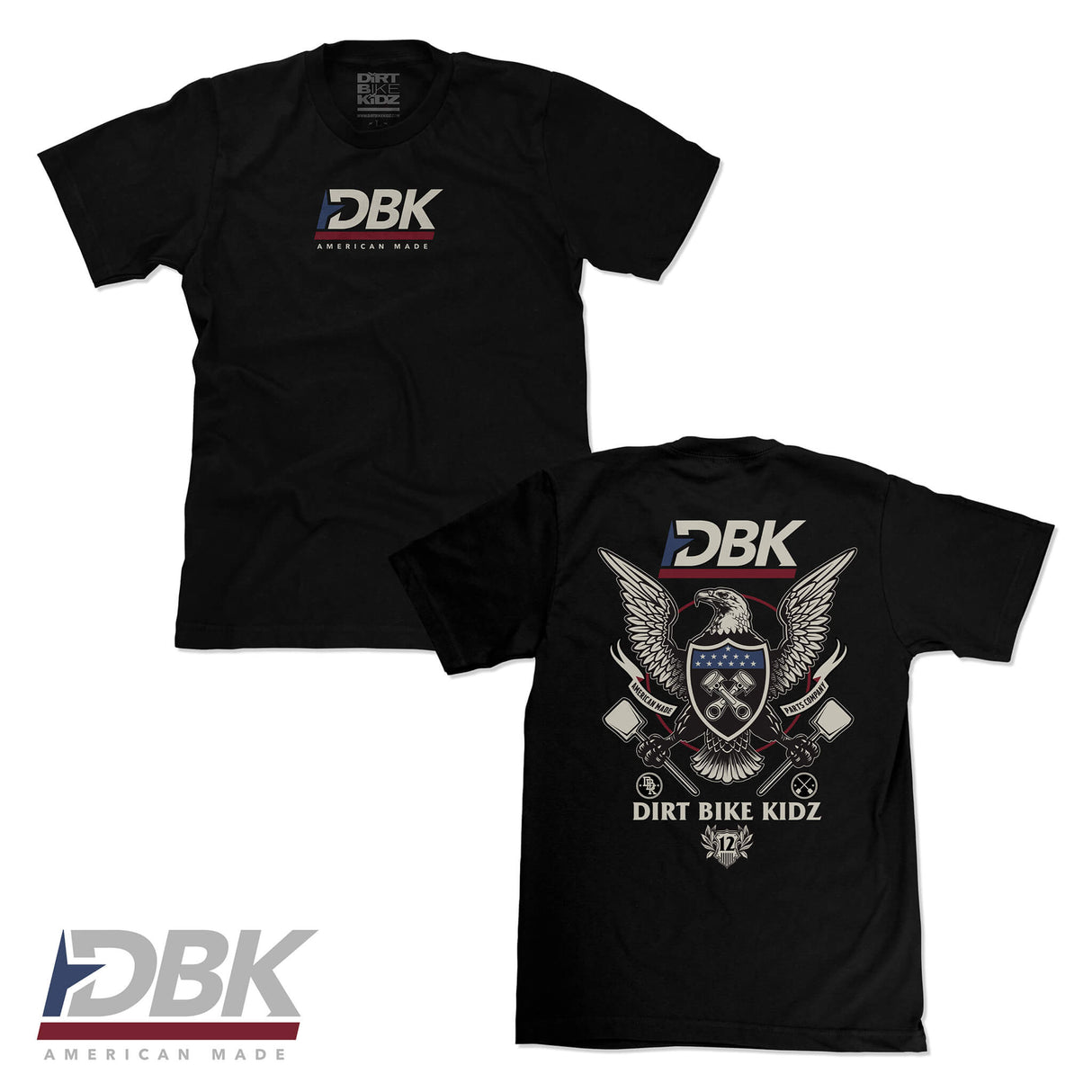 Black crewneck T-shirt with DBK logo and American Made text on the chest.