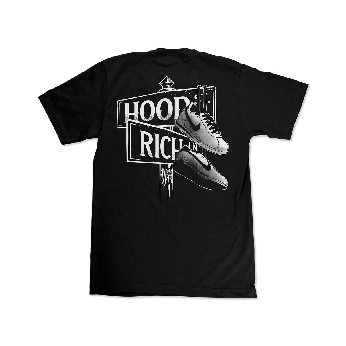 Black back graphic tee with “HOOR RICH” slogan and sneaker illustration