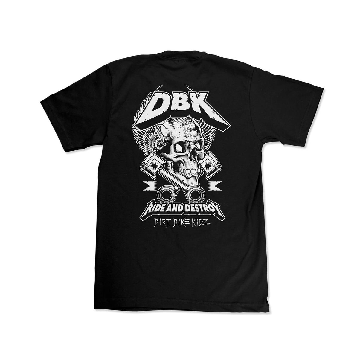 Black T-shirt with large skull DBK graphic on back and crew neck.