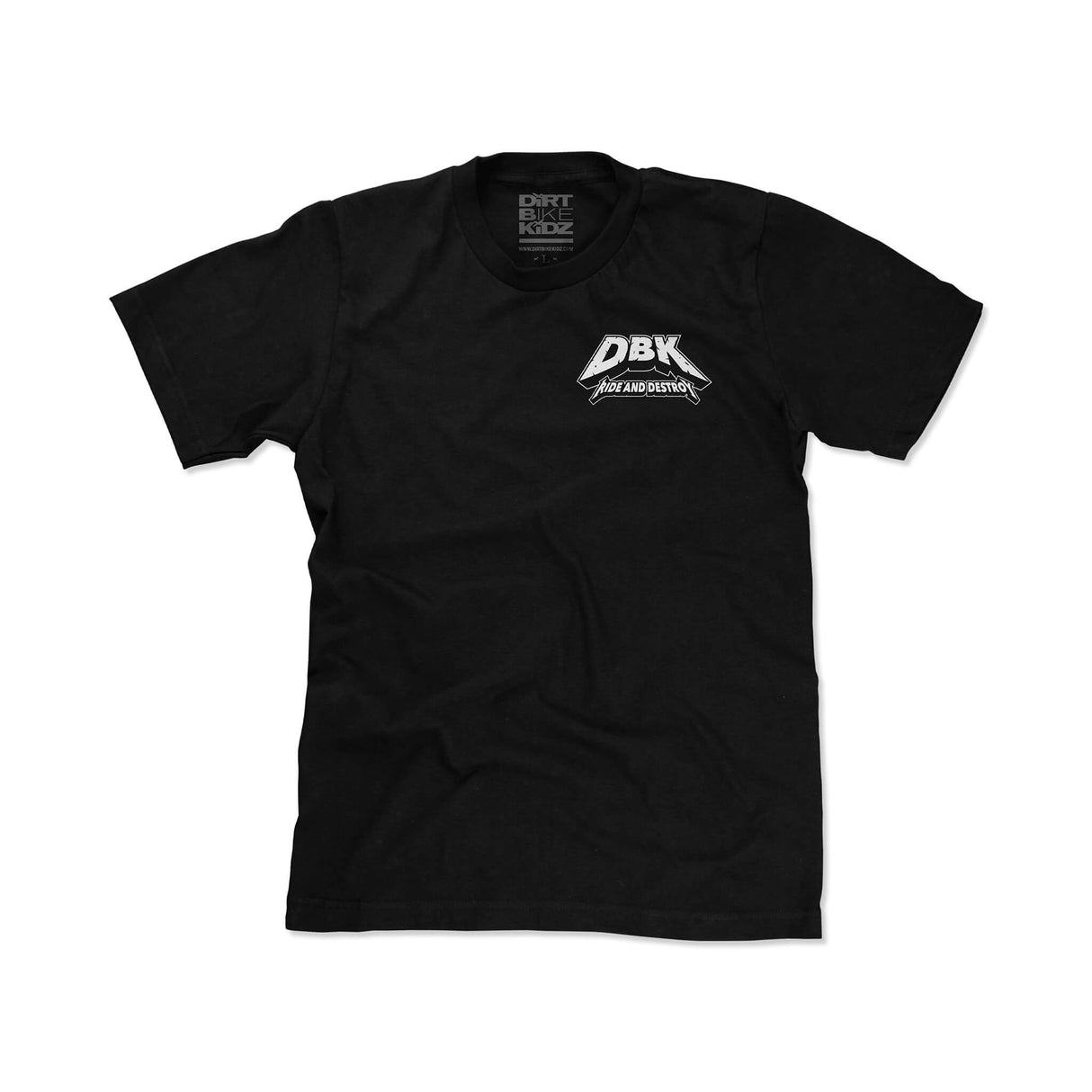 Black crewneck T-shirt with small DBK Ride and Destroy chest logo.