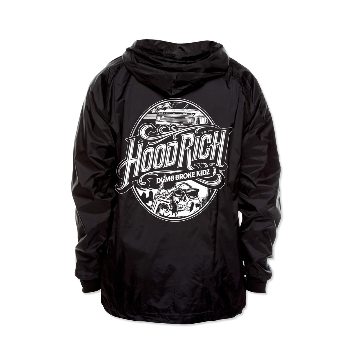 Schwarzer Windbreaker mit Kapuze und großem Rückenprint, Kordelzug