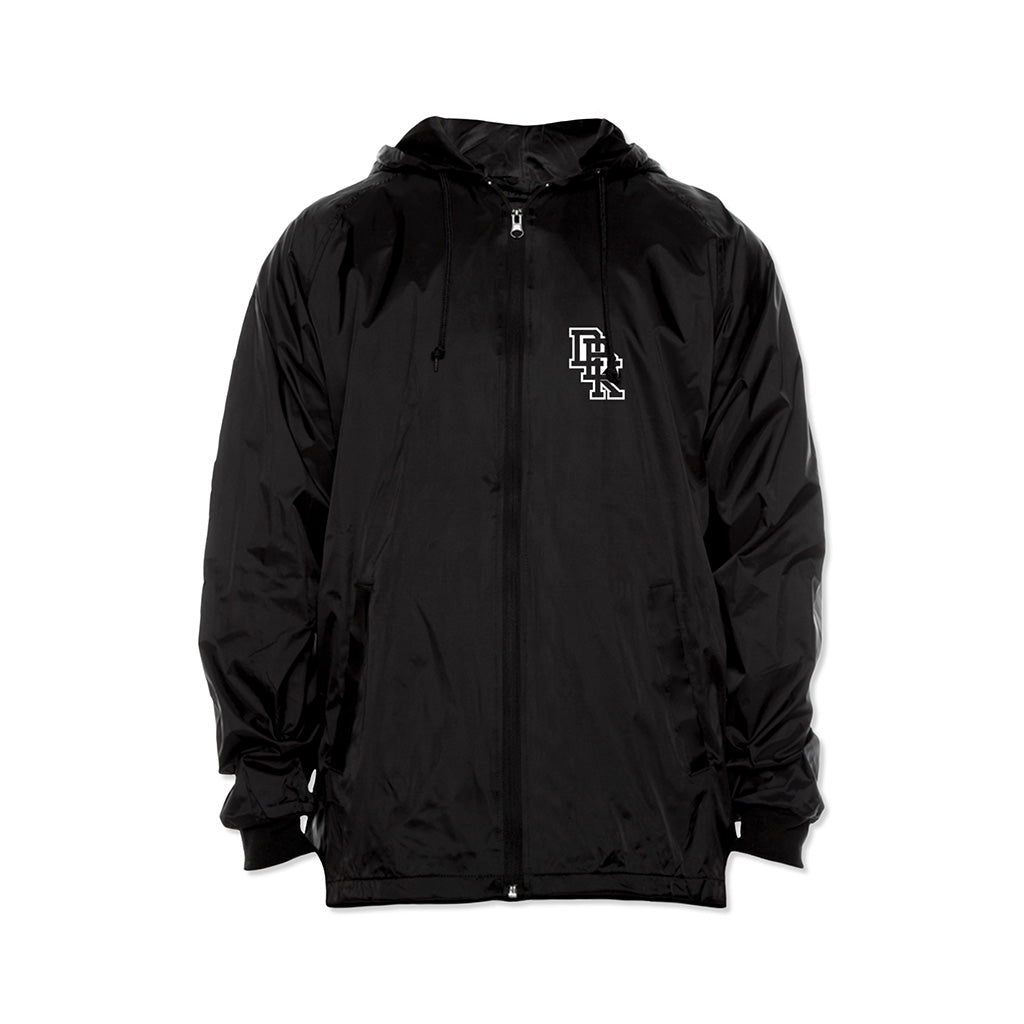 Schwarze Windbreaker-Jacke mit Kapuze, Kordelzug und Brust-Logo