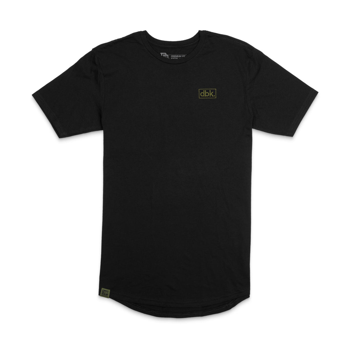 Black premium tall T-shirt with dbk logo on left chest and curved hem