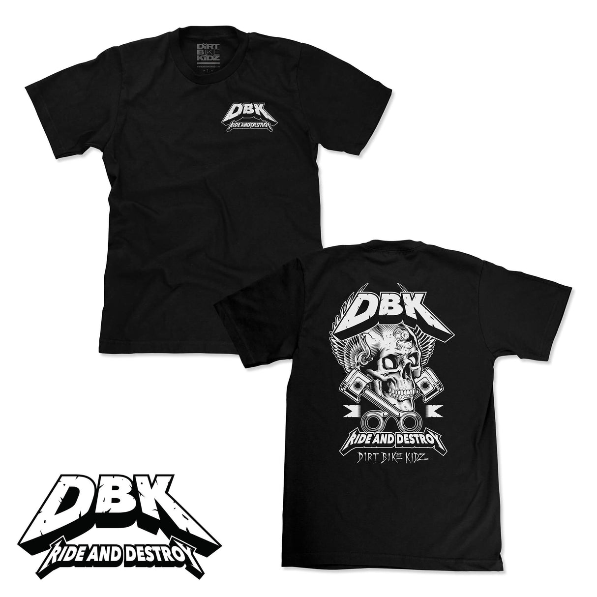Black youth T-shirt set with small front DBK logo and large back graphic, crew neck.