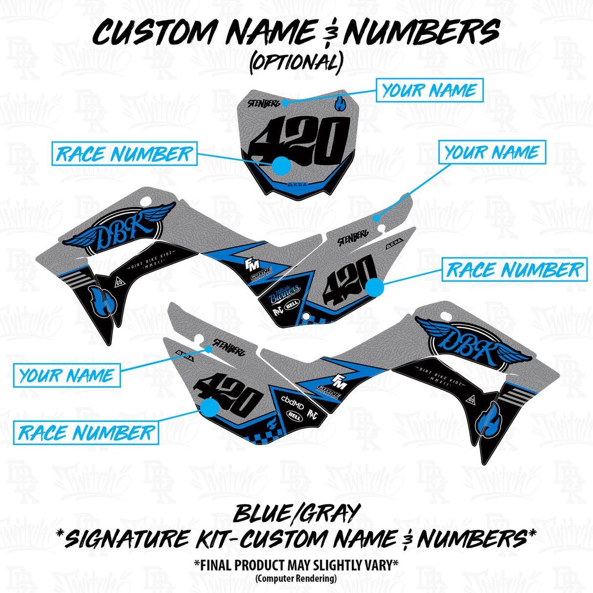 Motocross decal kit design with placeholders for name and race numbers on side and front plates