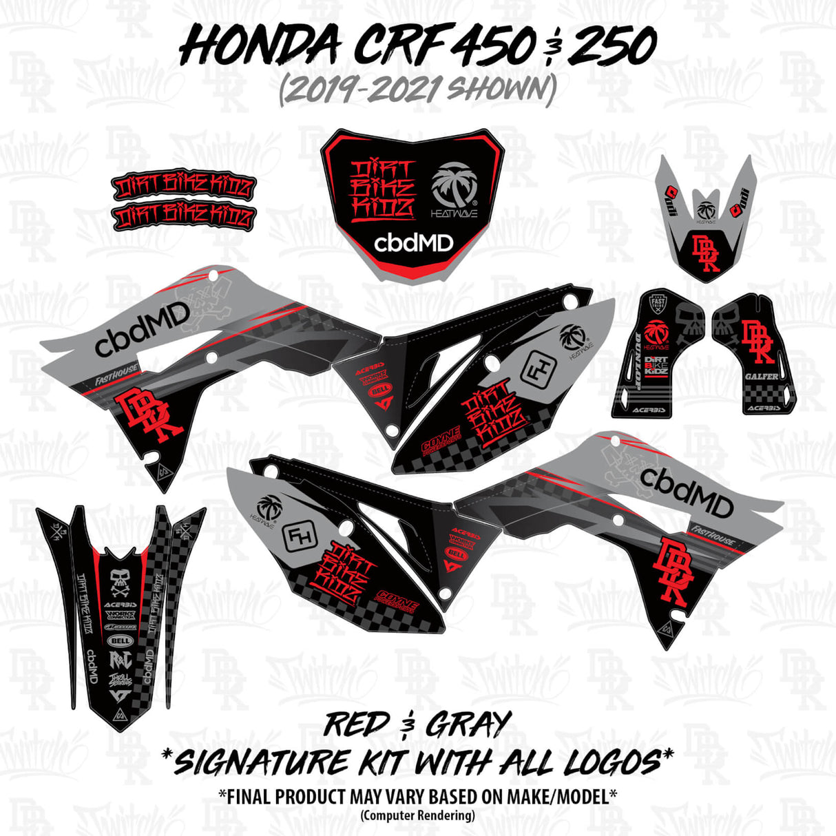Dirt bike graphic kit panels in red-and-gray design, including side panels and number plate