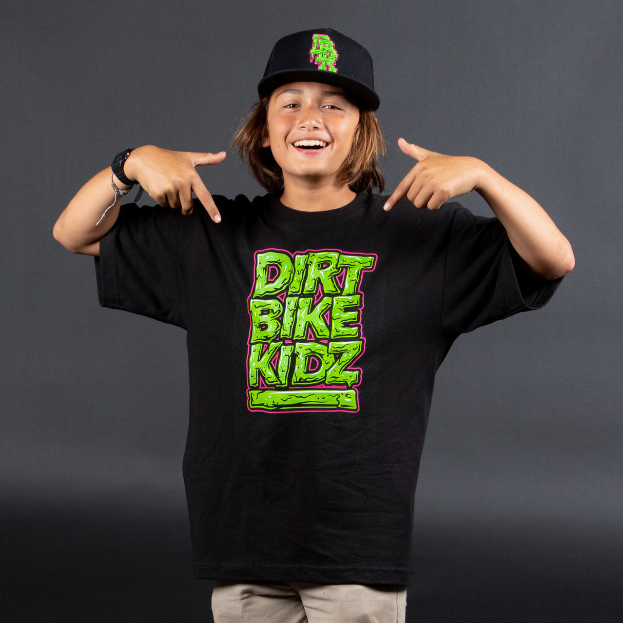 Youth black T-shirt with DIRT BIKE KIDZ neon green front graphic
