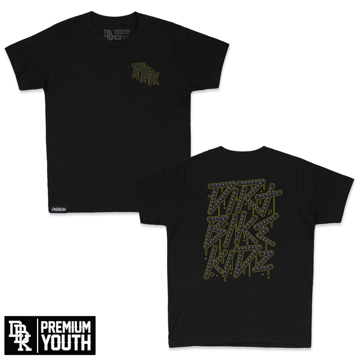 Black youth premium tee with front logo and large back neon-letter graphic