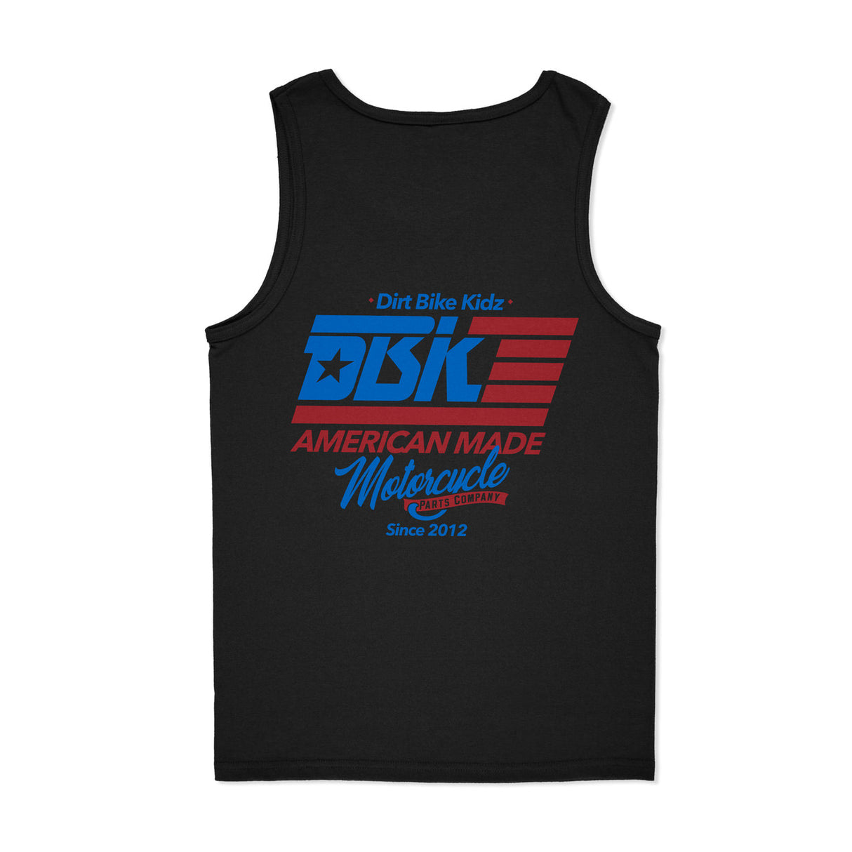 Black tank top with DBK American Made Motorcycle logo on back.