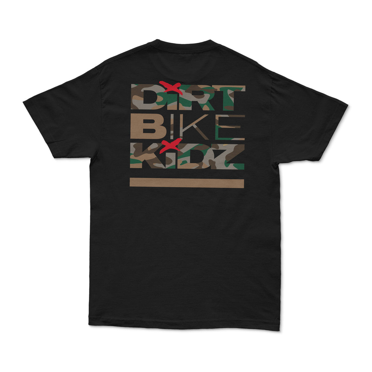 Black men's graphic T-shirt back view with large camo text graphic
