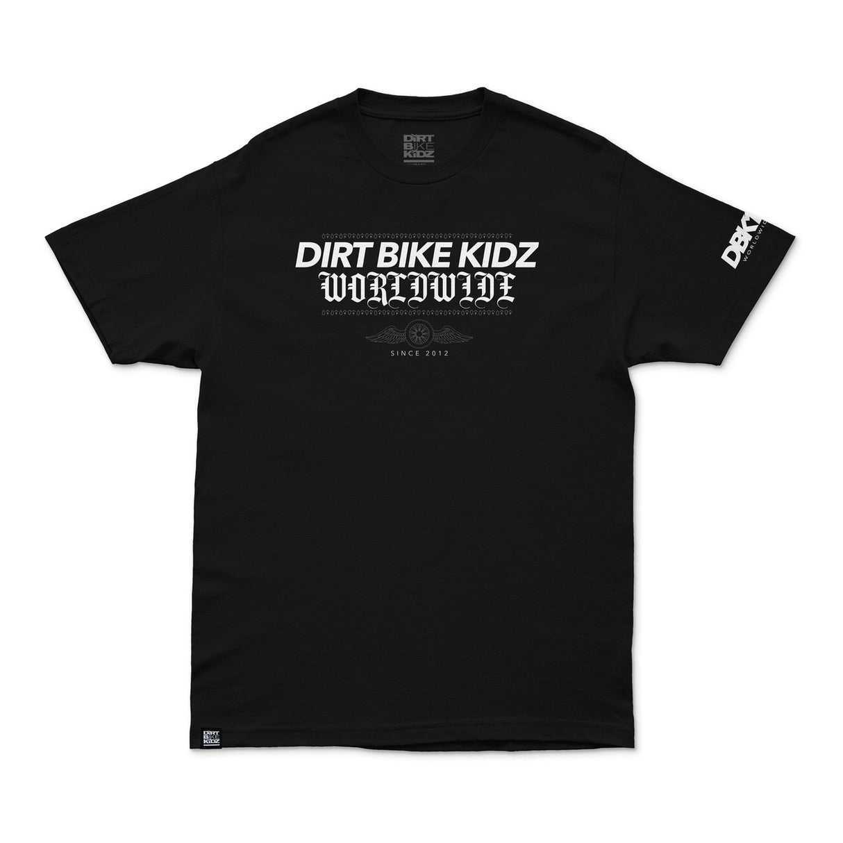 Black crewneck T-shirt with bold front logo graphic and DBK12 sleeve patch