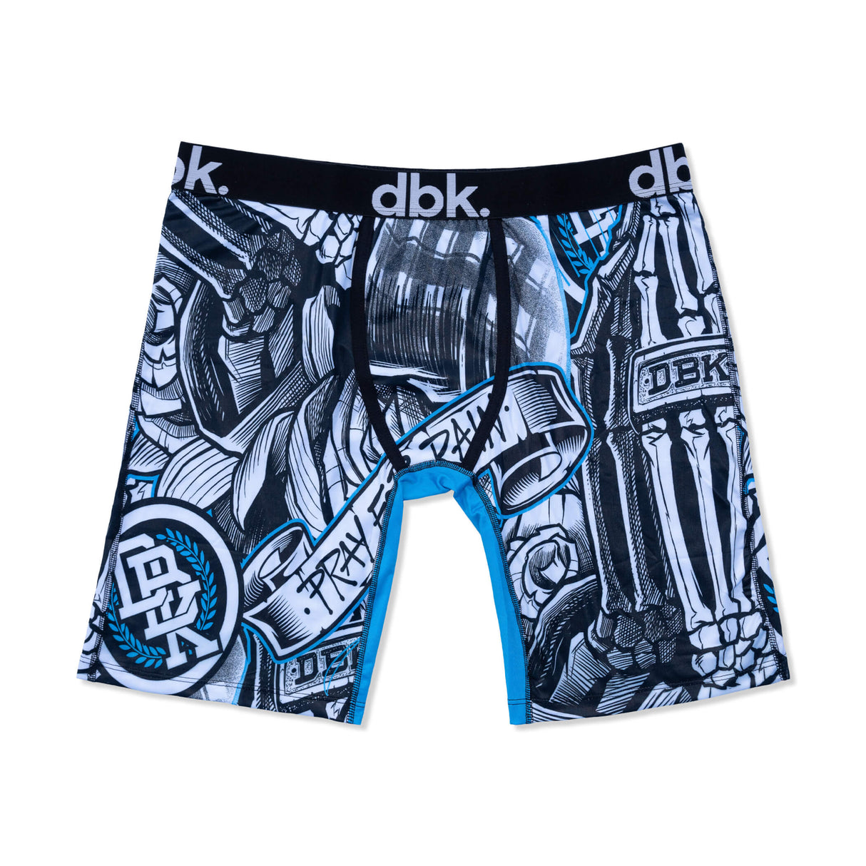 Boys boxer briefs with black, white, blue comic print and blue contrast fly