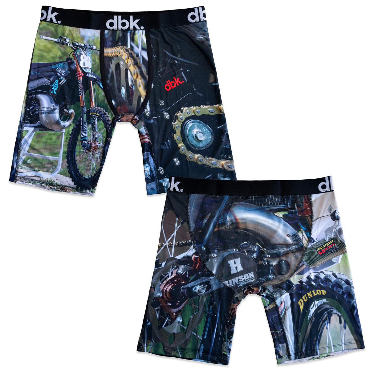 Two-pack boxer briefs: one black bike graphic pair and one blue-gray bike graphic pair.