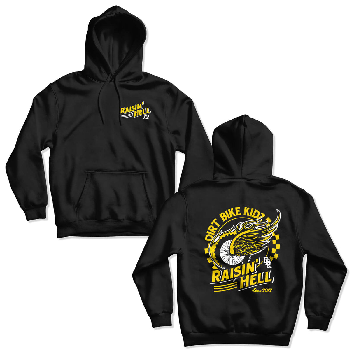DBK Wreckers Hoodie, black with yellow “Raisin' Hell” logo on front pocket
