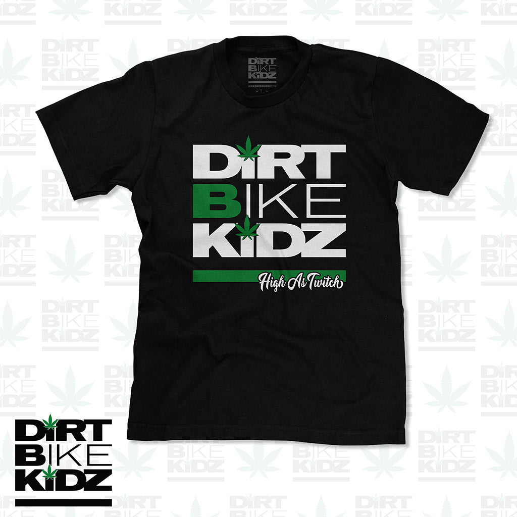 Black kids graphic T-shirt showing "Dirt Bike Kidz" logo and "High As Truth" script