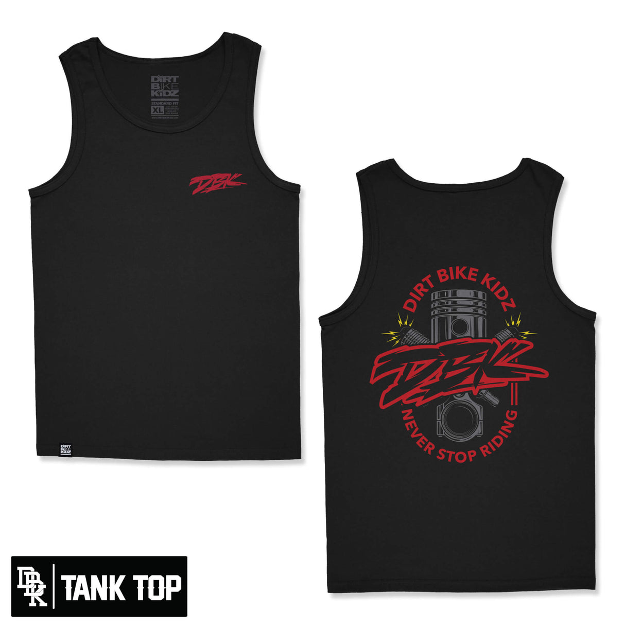 Kids black tank top with red small chest graphic and round crew neckline