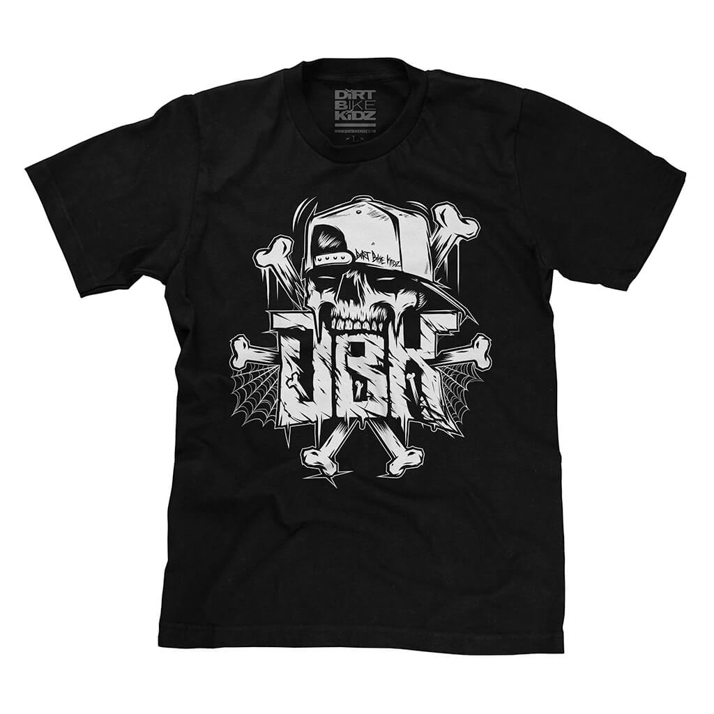 Black crewneck T-shirt with large white crossbones skull graphic centered