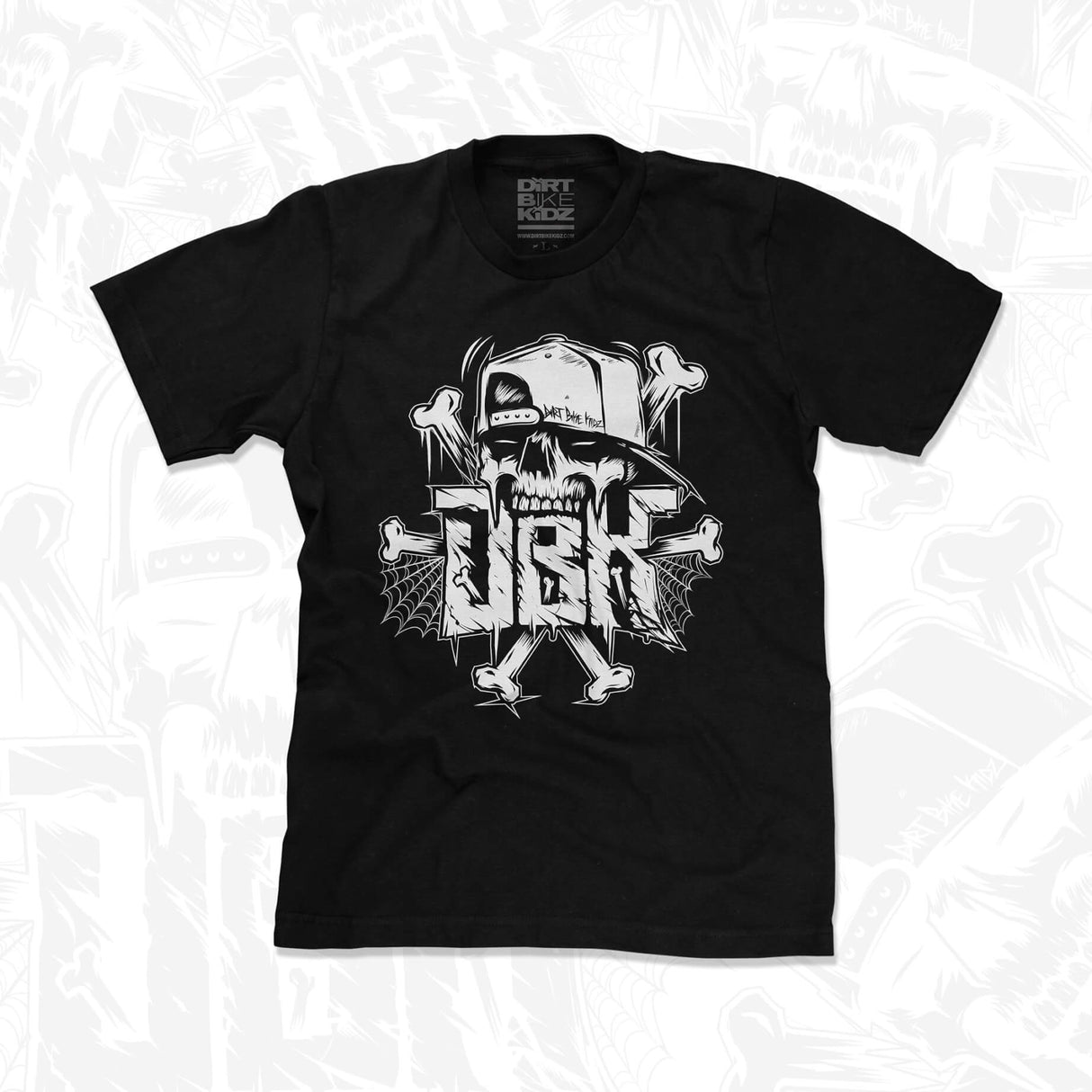 Black crewneck T-shirt with white crossbones skull graphic on center front