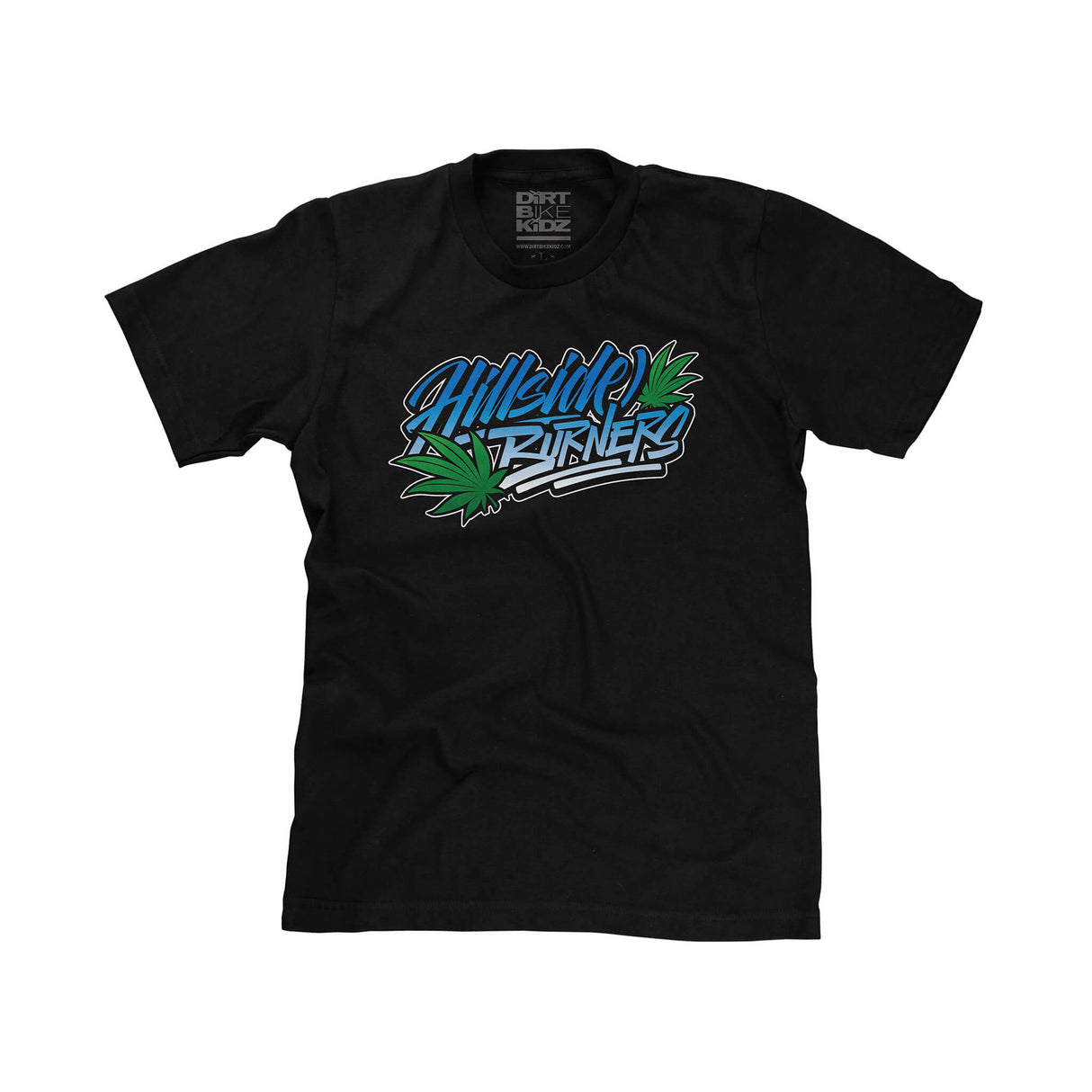 Black short-sleeve T-shirt with centered blue and green logo graphic on front
