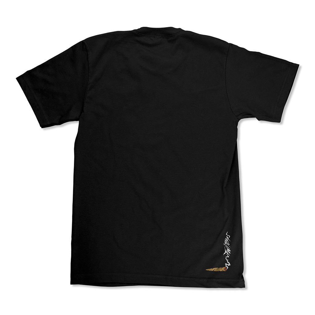 Black graphic T-shirt back view with small white sleeve-side flame logo