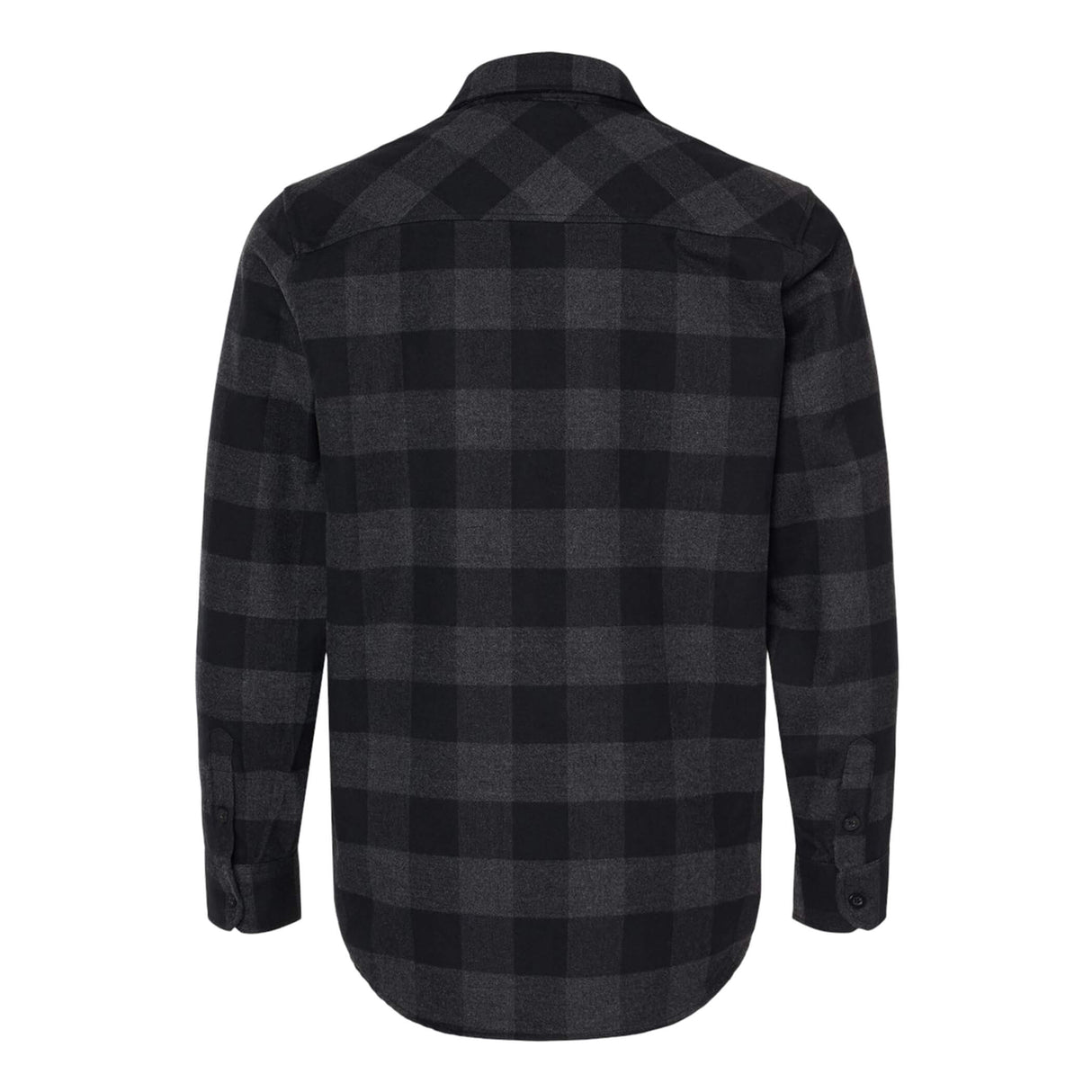 Charcoal plaid flannel button-up shirt back view with buttoned cuffs