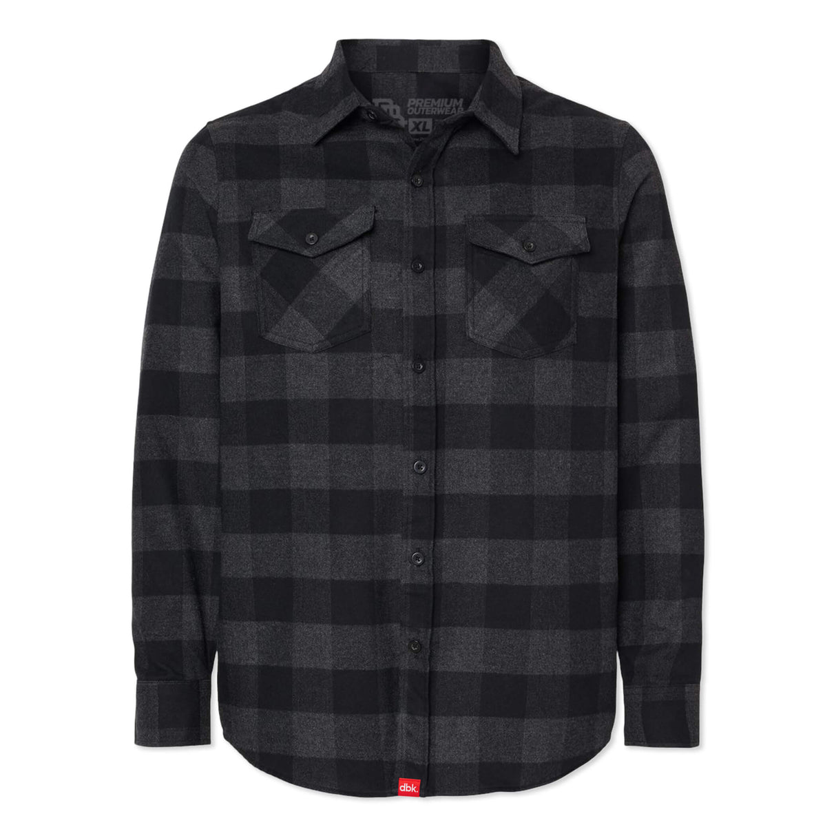 Charcoal plaid flannel button-up shirt with two chest flap pockets