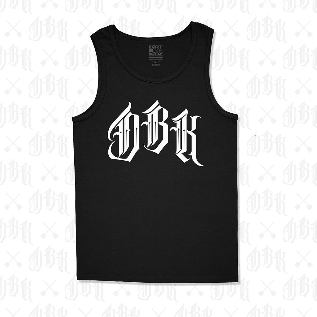 Black sleeveless tank top with crew neck and white graphic front
