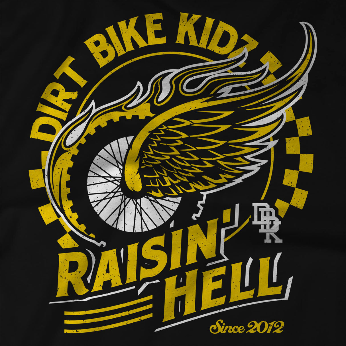 Close-up: winged wheel and curved “DIRT BIKE KIDZ” text on “Raisin' Hell” hoodie