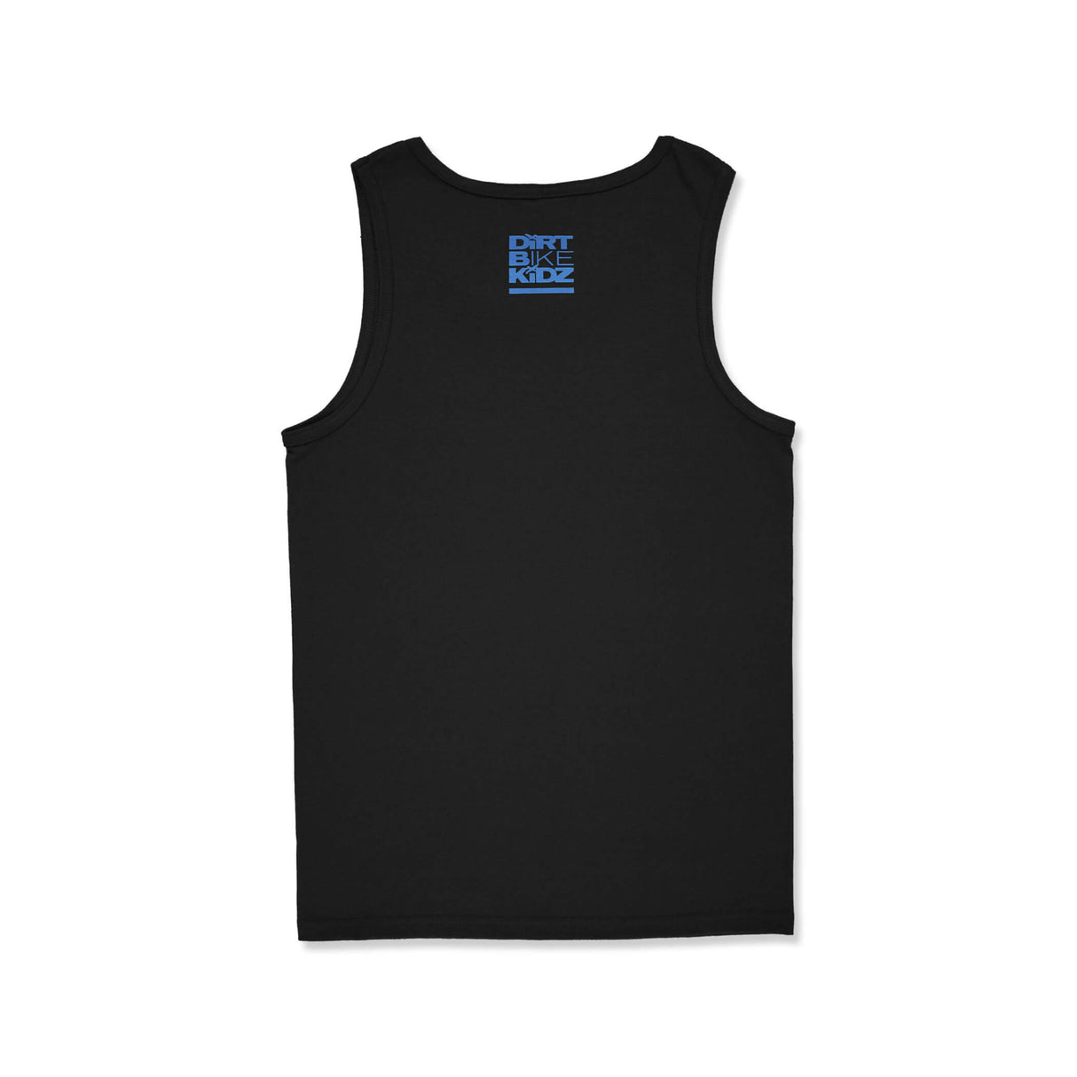 Black kids tank top back view with small blue Dirt Bike Kidz logo.