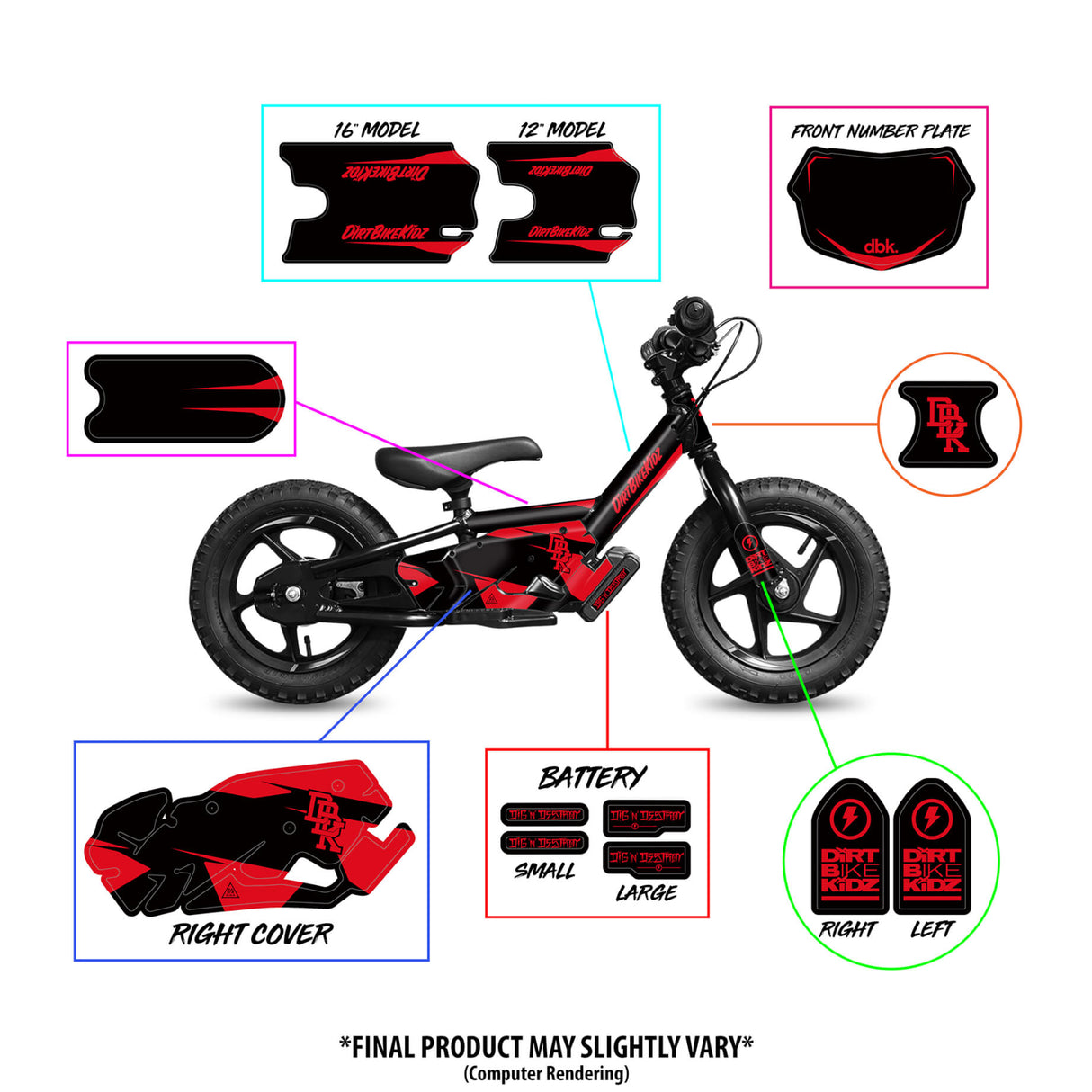 Stacyc Signature Series balance bike decals and parts diagram with battery and front plate