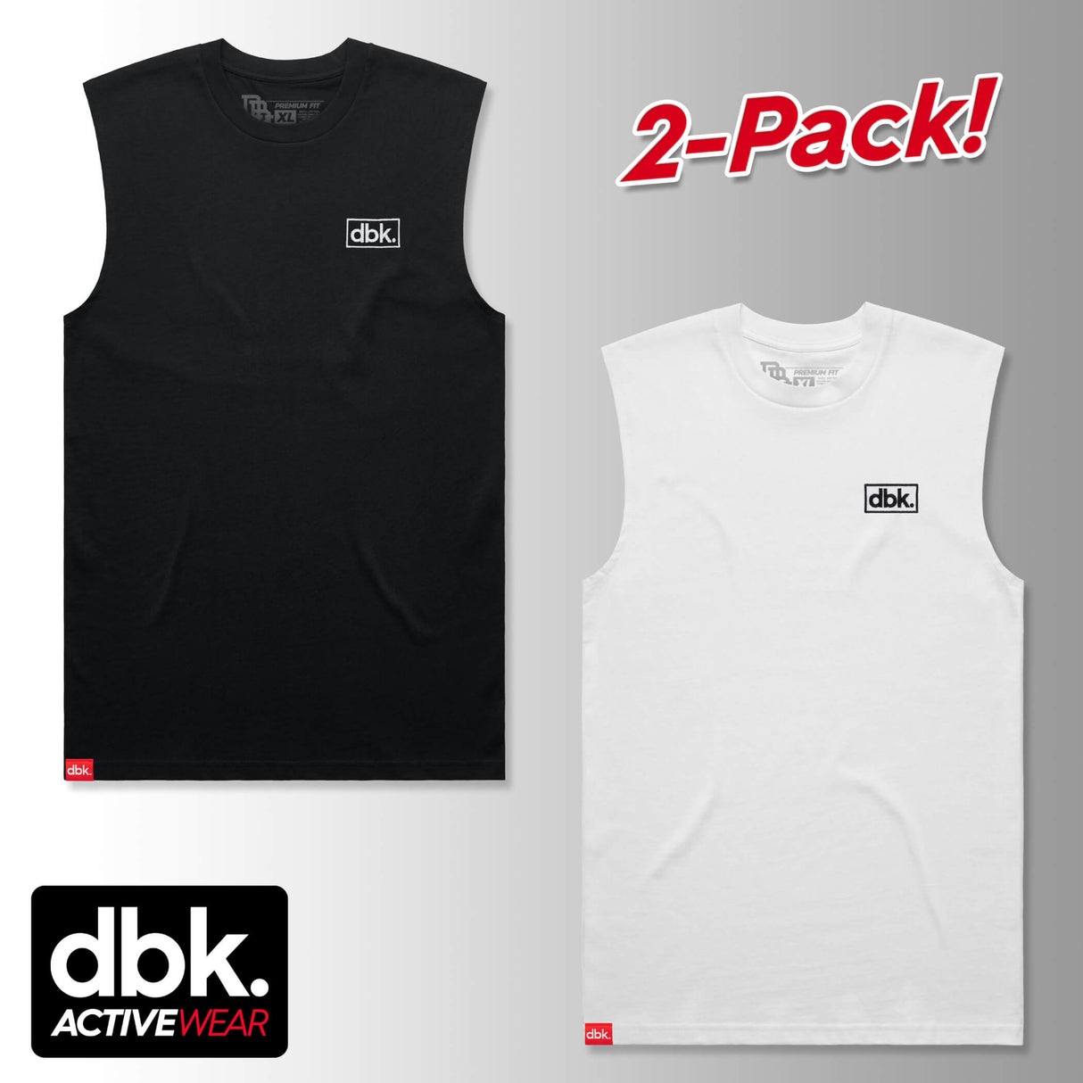 Black athletic tank top with dbk logo at chest and red tag at hem