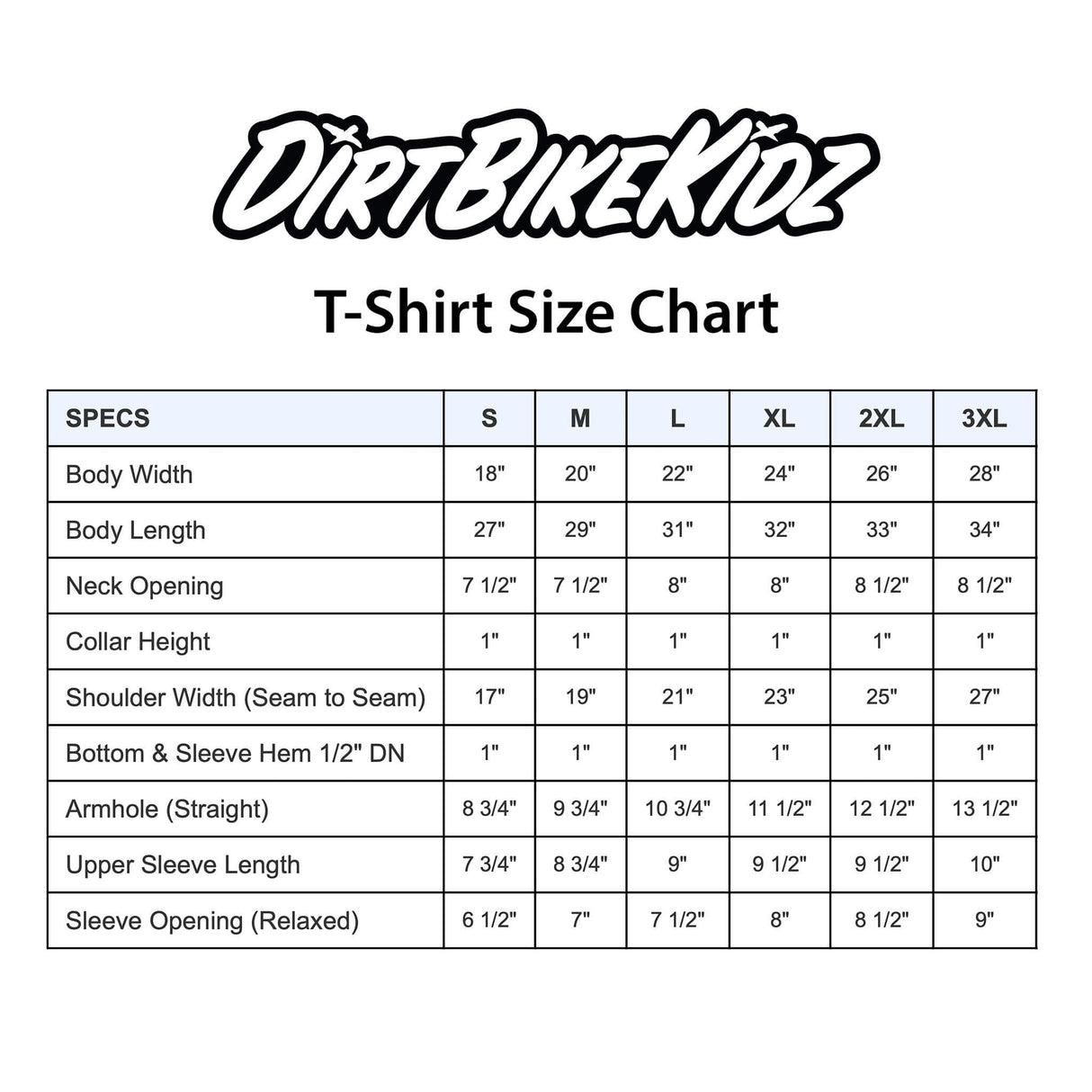 Dirt Bike Kidz T-shirt size chart table, body width and length for S–3XL.