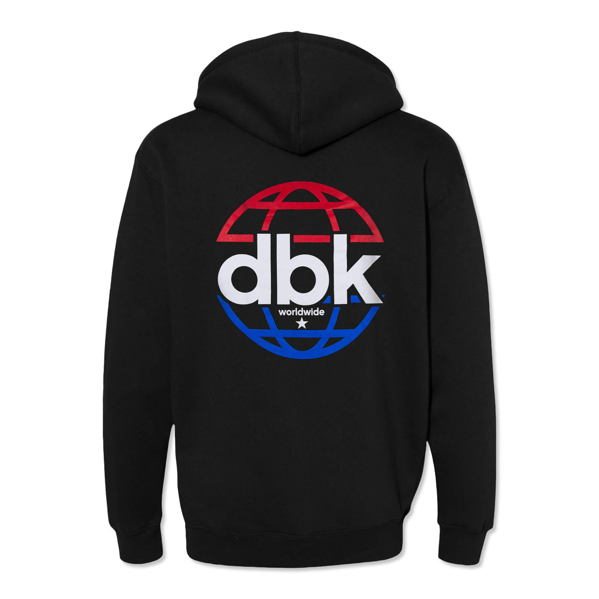 Black hoodie back view with large globe “dbk worldwide” graphic; pullover hood