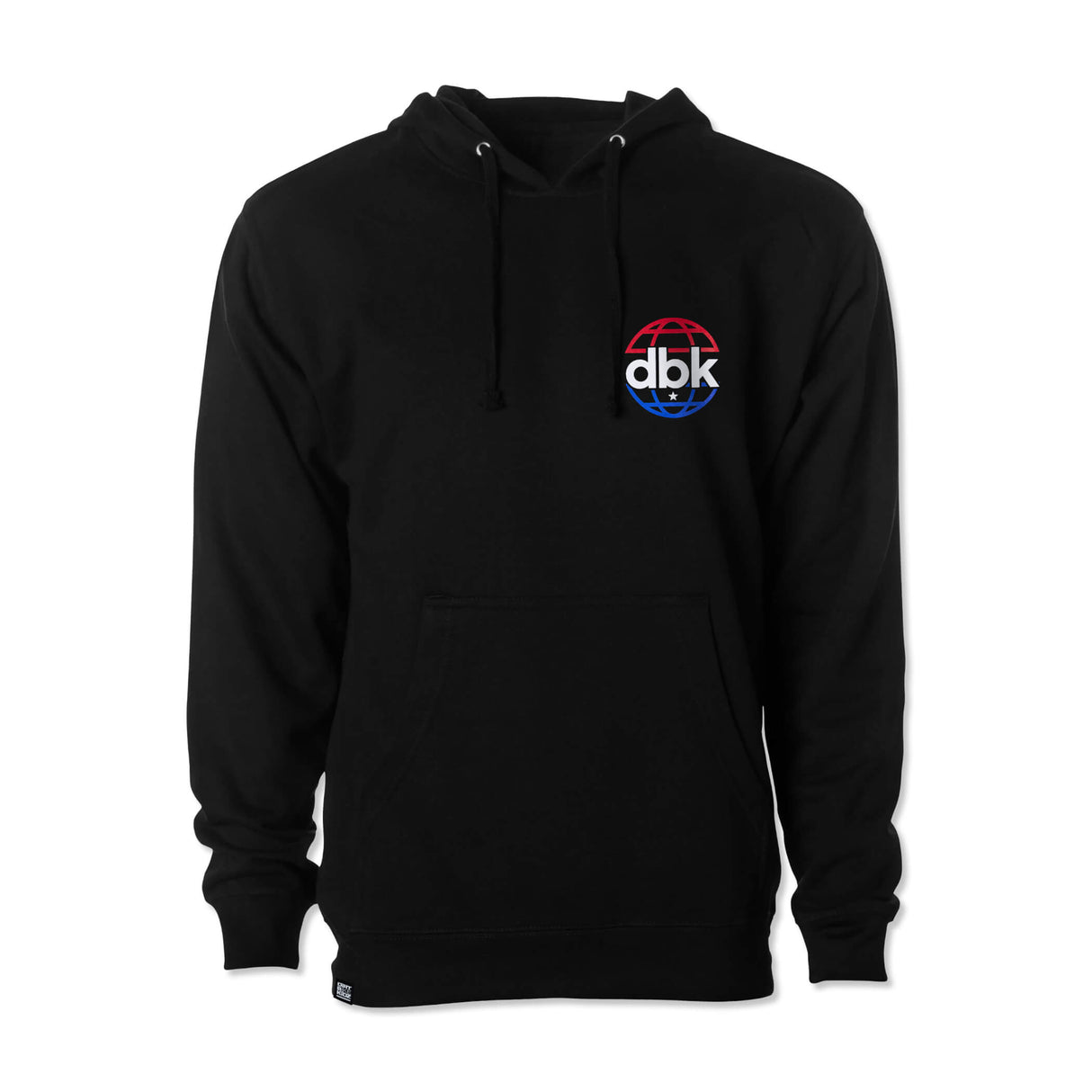 Black DBK World hoodie from back view with small chest logo; pullover hood and front pocket