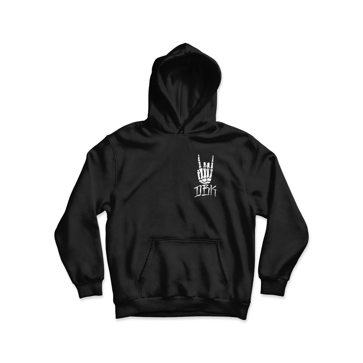 Youth black hoodie, front view with chest hand logo and kangaroo pocket