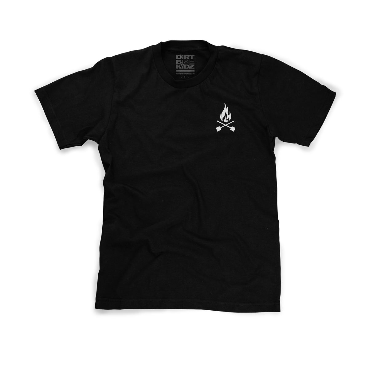 Black graphic T-shirt with small flame emblem on left chest
