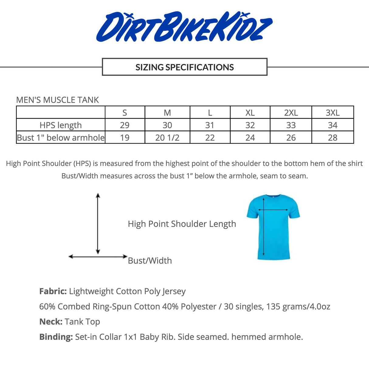 Mens muscle tank sizing chart with HPS length and bust width by size